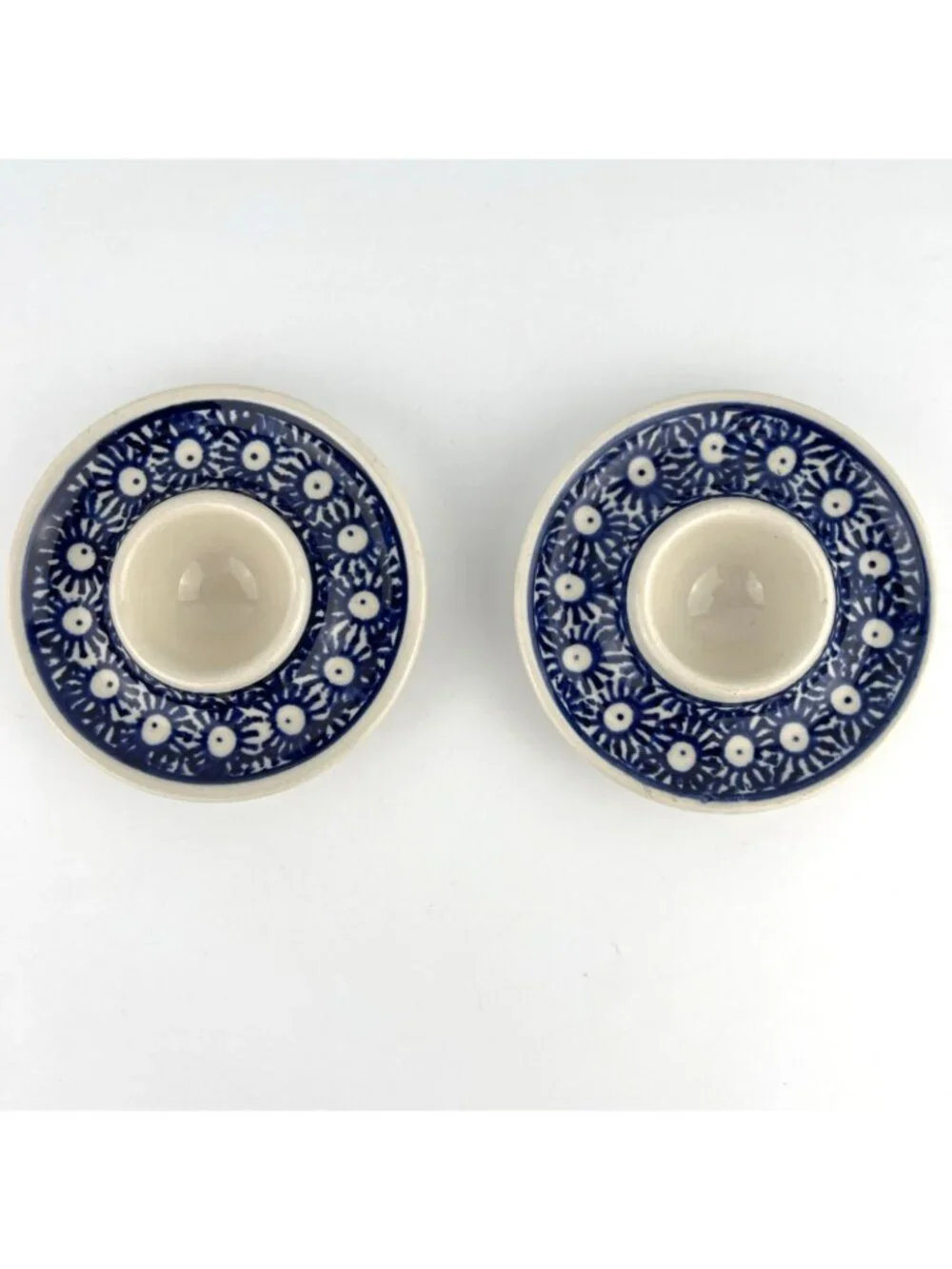 Polish Pottery Set of 2 Soft Egg Cup Holder Plates Boleslawiec Blue and White